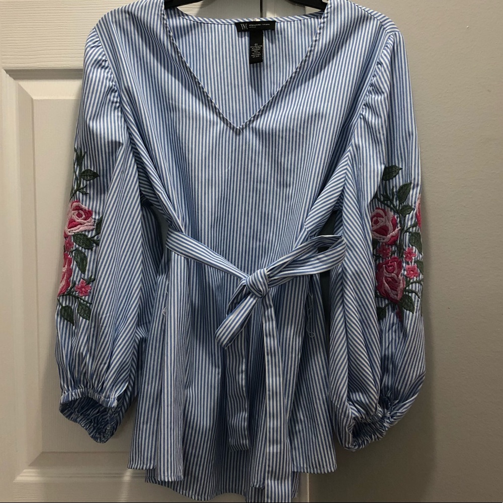 Baby blue pinned stripped embroidered shirt